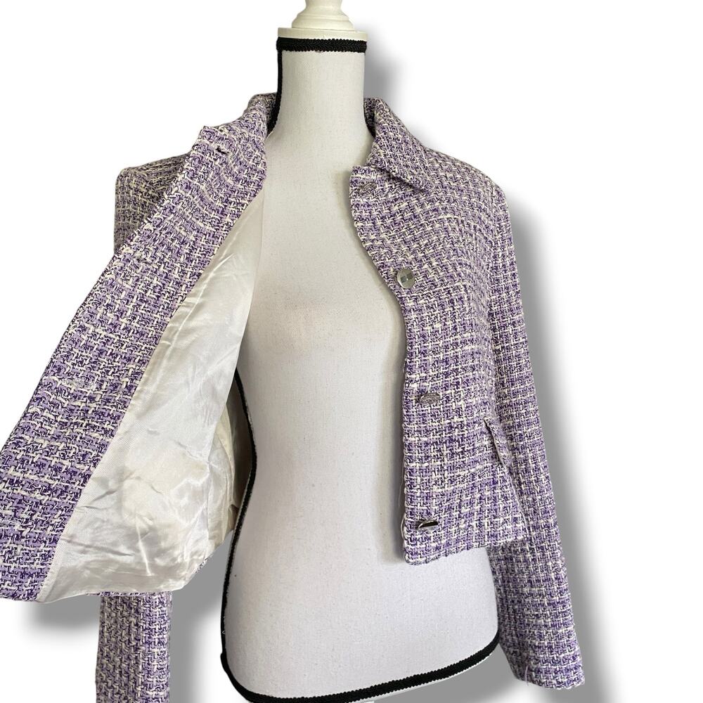 Zara Cropped Textured Tweed Lady Jacket Blazer Fits Like Size M Purple White